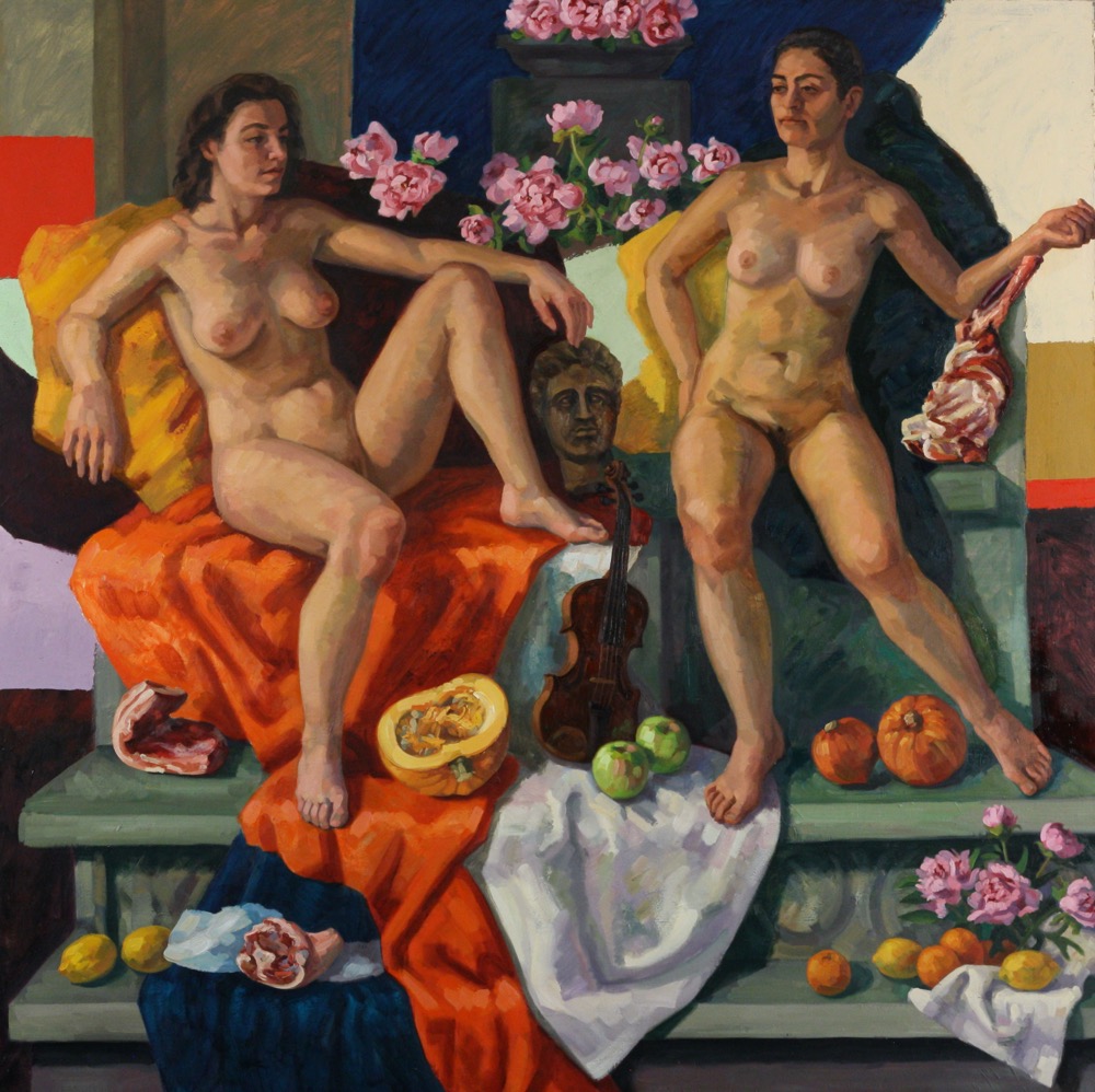 Maenads with Head of Orpheus I; oil on canvas, 200 x 200 cm, 2024