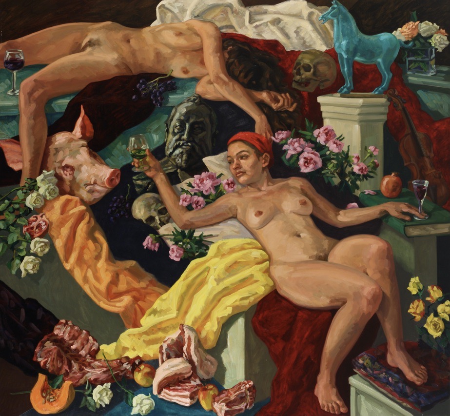 Maenads and Rudolf II; oil on canvas, 200 x 215 cm, 2010