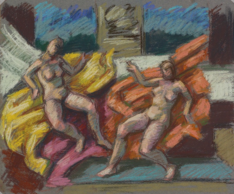 Maenads; pastel on paper, 35 x 42 cm, 2023