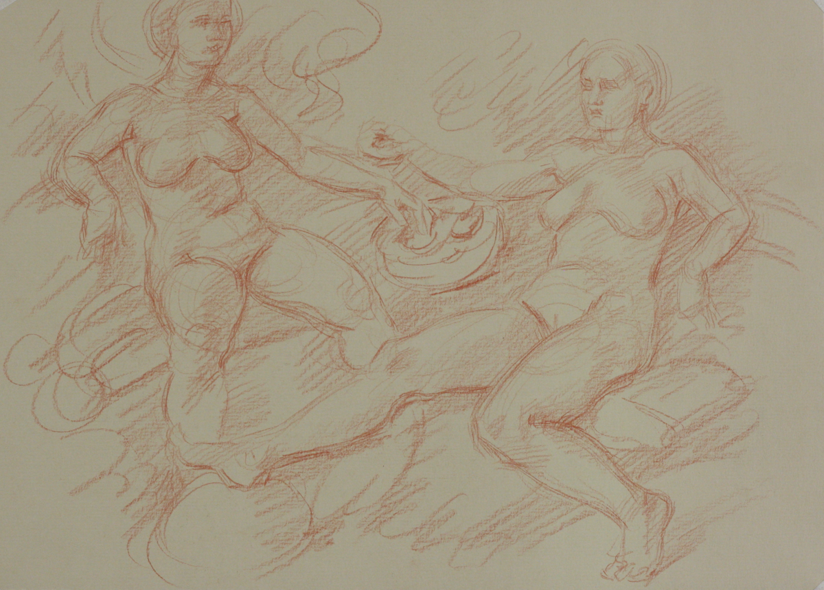 Maenads; red chalk on paper, 25 x 35 cm, 2023