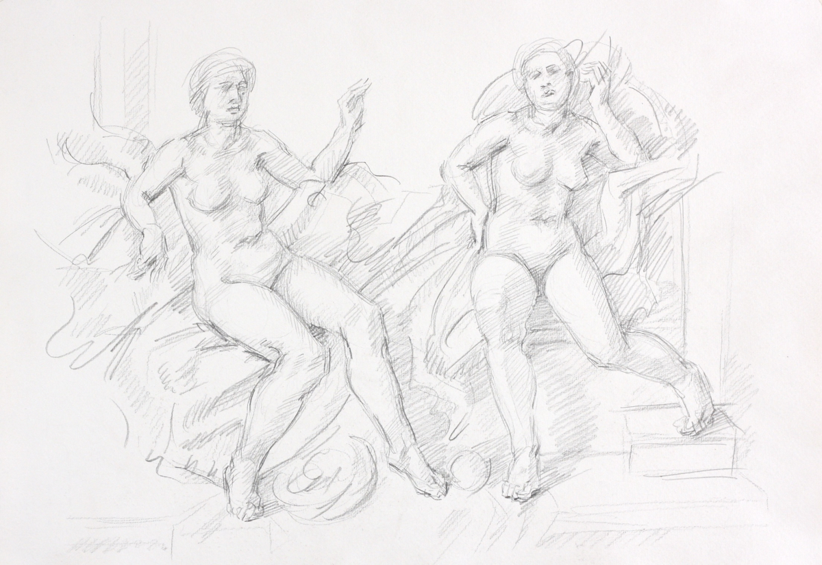 Alcina & Morgana; graphite on paper, 30 x 42 cm, 2023