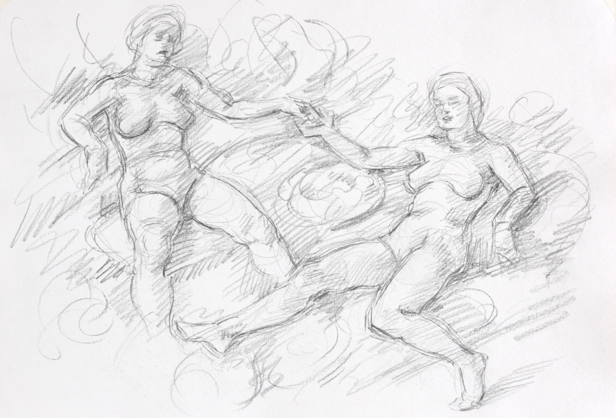 Maenads; graphite on paper, 21 x 30 cm, 2023