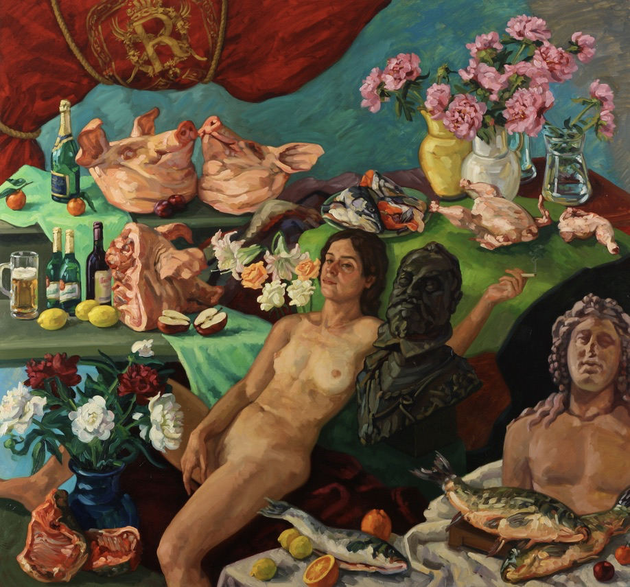 Minerva, Rudolf II & Dionysus; oil on canvas, 200 x 215 cm, 2010